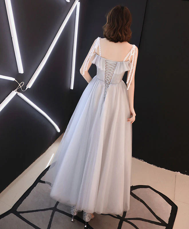 Gray Tulle Tea Length Prom Dress, Gray Tulle Evening Dress - Deanwangkt