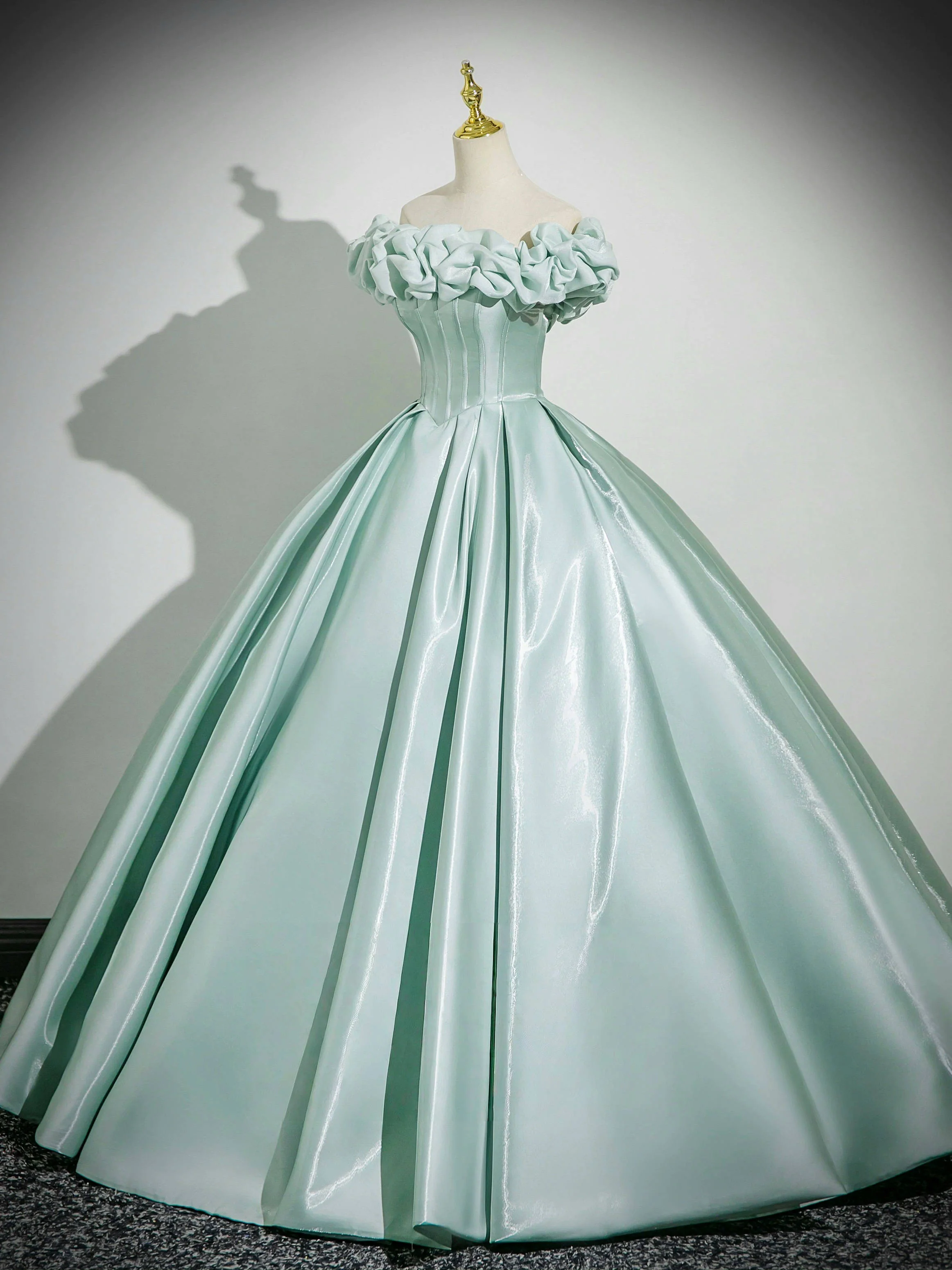 A-Line Off Shoulder Satin Mint Green Long Prom Dress, Mint Green Long Formal Dress - Deanwangkt