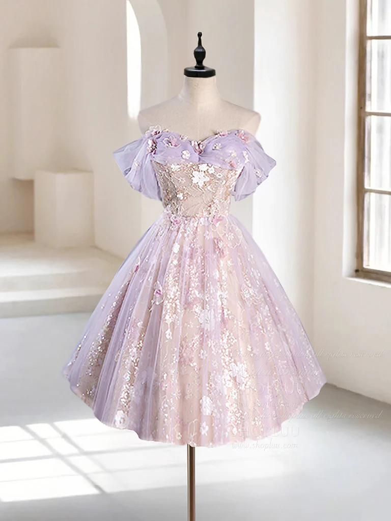 A-Line Off Shoulder Tulle Lace Purple Short Prom Dress, Cute Purple Homecoming Dress - Deanwangkt