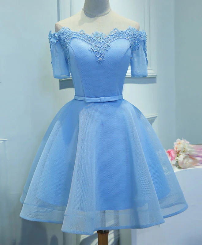 Blue A-Line Tulle Short Sleeve Lace Short Prom Dress, Blue Cute Homecoming Dress - Deanwangkt