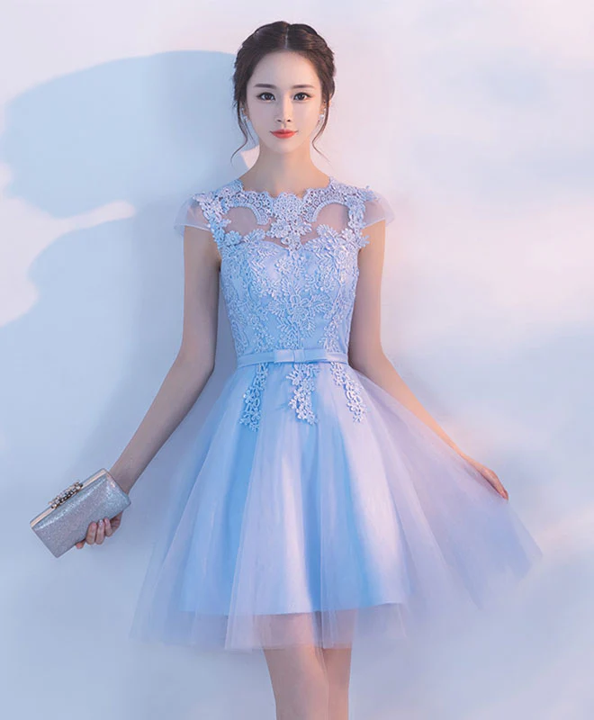 Light Blue A Line Tulle Lace Short Prom Dress, Homecoming Dress - Deanwangkt