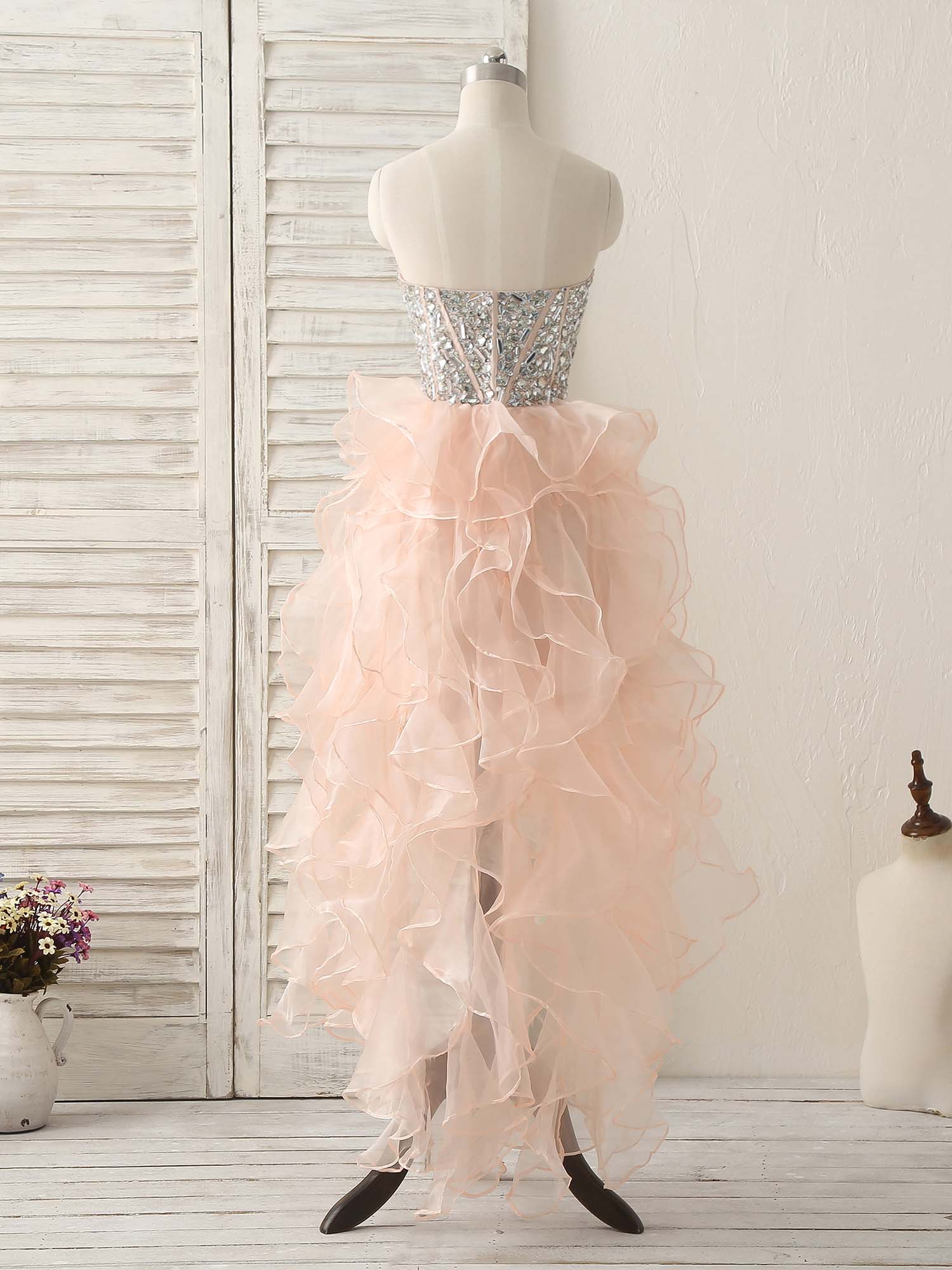 Pink Sweetheart Neck Rhinestones Organza Prom Dress Pink Homecoming Dresses - Deanwangkt