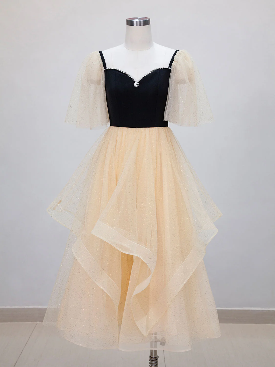 Champagne A-Line Tulle Short Prom Dresses, Champagne Formal Dress - Deanwangkt