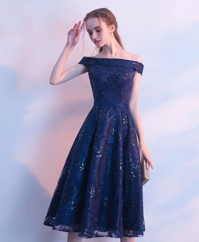 Dark Blue Lace Sequins Short Prom Dress, Evening Dress - Deanwangkt