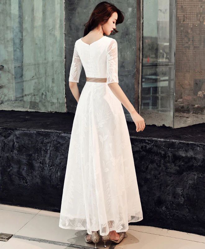 White Lace Tea Length Prom Dress White Lace Bridesmaid Dress - Deanwangkt