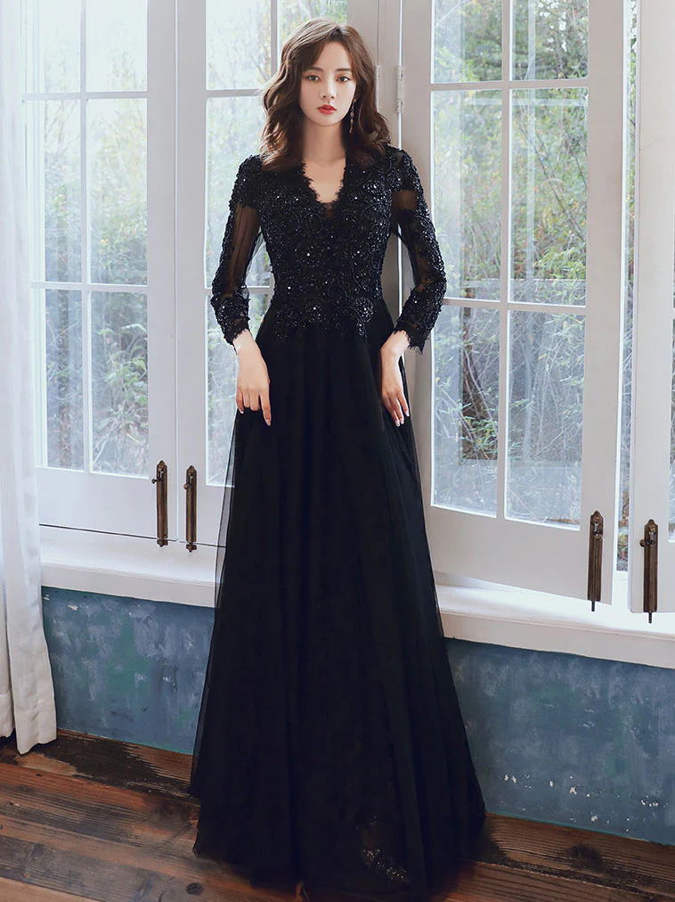 Black V Neck Tulle Lace  Beads Long Prom Dress, Black Tulle Evening Dresses - Deanwangkt
