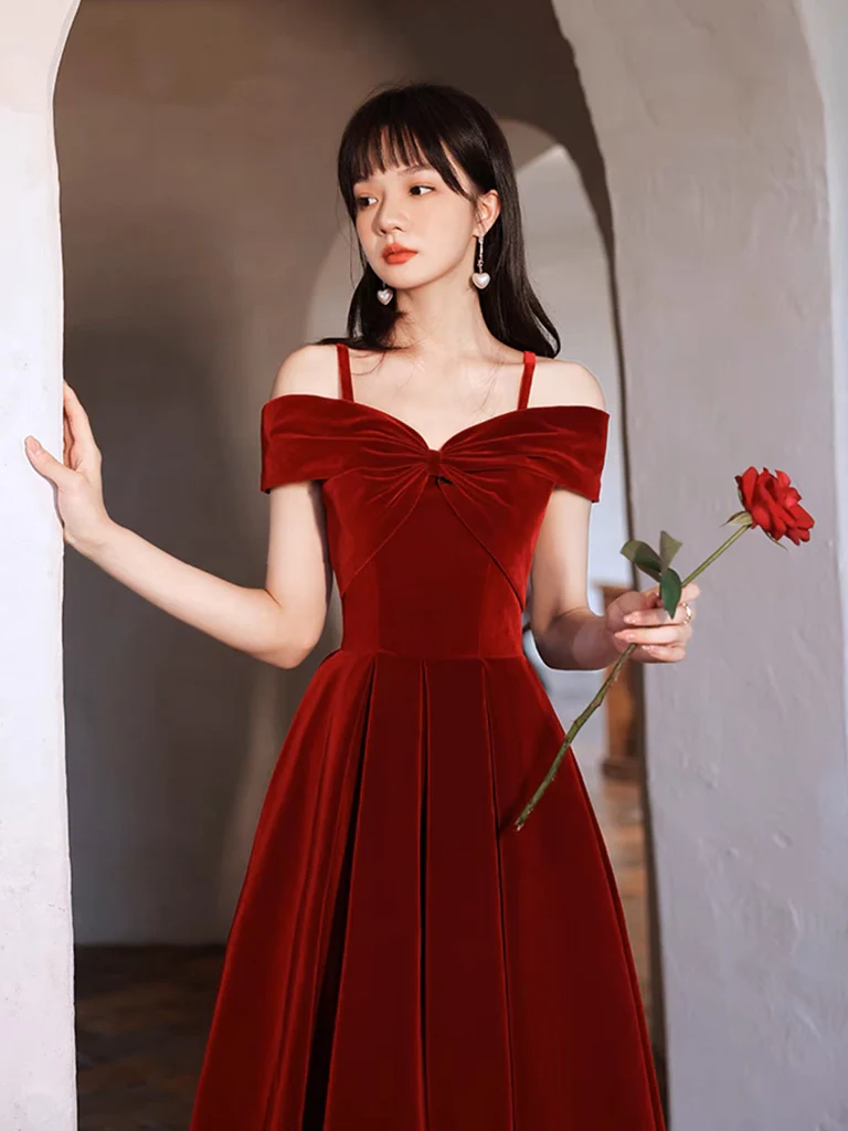 Simple Off Shoulder A-Line Tea Length Velvet Burgundy Prom Dress - Deanwangkt