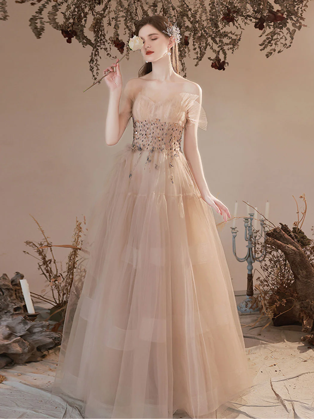 A Line Champagne Long Prom Dresses, Champagne Formal Graduation Dress With Beading sequin - Deanwangkt