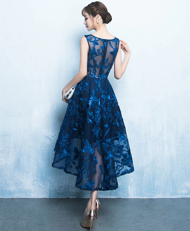 Dark Blue High Low Short Prom Dress, Lace Evening Dress - Deanwangkt