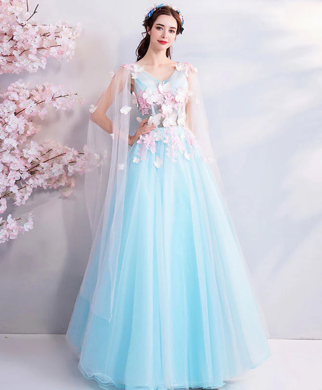 Blue V Neck Tulle Long Prom Dress, Blue Tulle Evening Dress - Deanwangkt