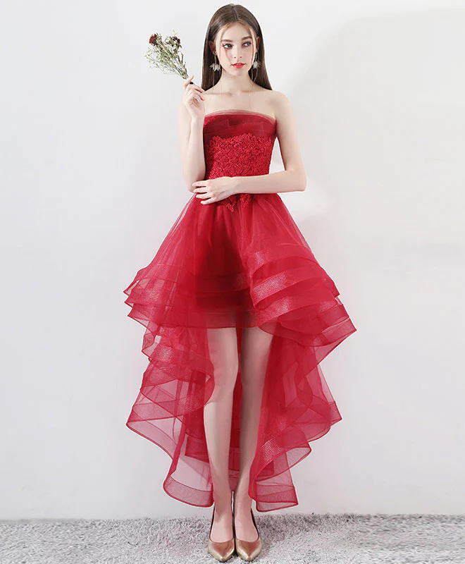 Burgundy Tulle Lace High Low Prom Dresses, Burgundy Tulle Homecoming Dress - Deanwangkt