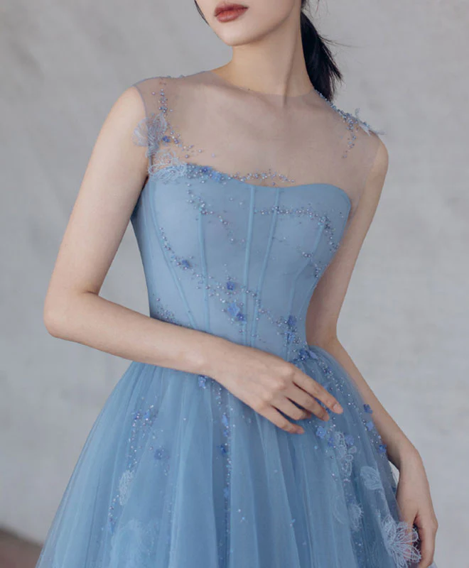 Blue Tulle Short Prom Dress, Blue Homecoming Dress with Lace Beading - Deanwangkt