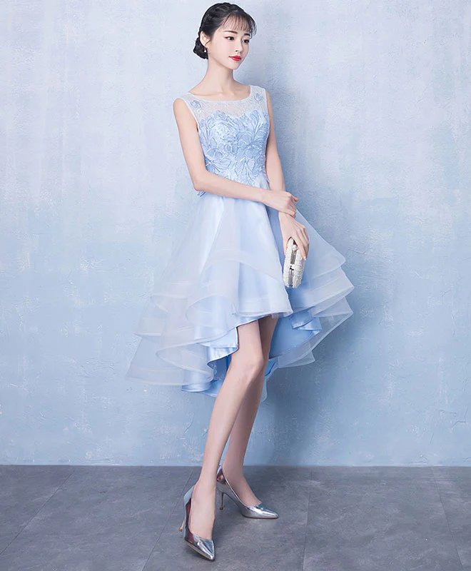 Blue Scoop Neck Tulle Short Prom Dresses, A line Blue Homecoming Dresses - Deanwangkt