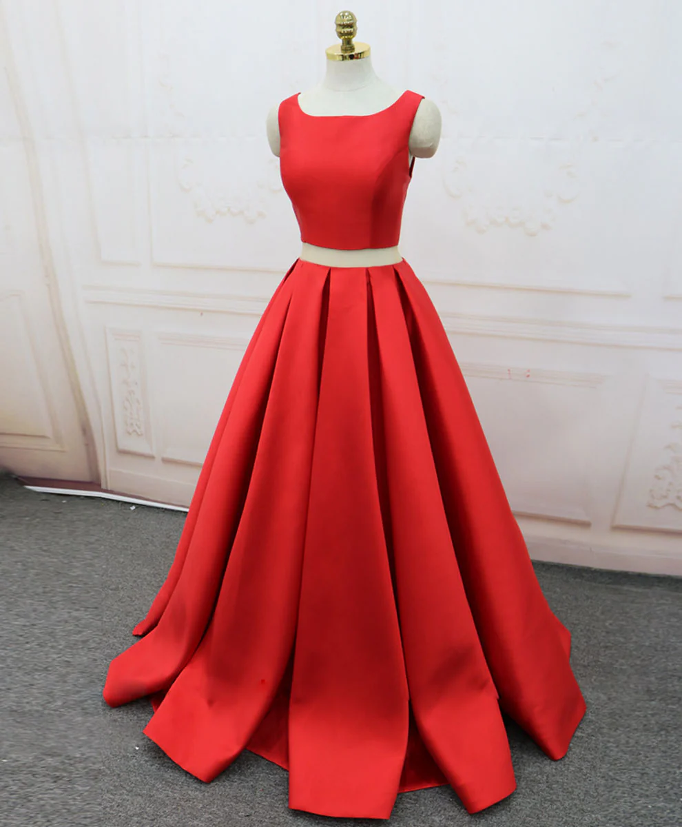Red Satin Two Pieces Long Prom Dress Red Long Evening Dress - Deanwangkt