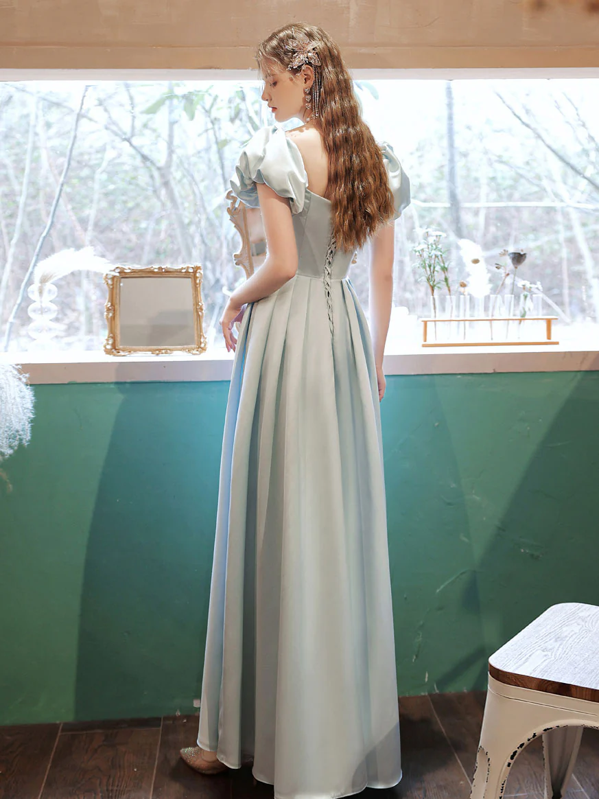 Light Blue Satin Lace Long Prom Dress Blue Lace Formal Dress - Deanwangkt