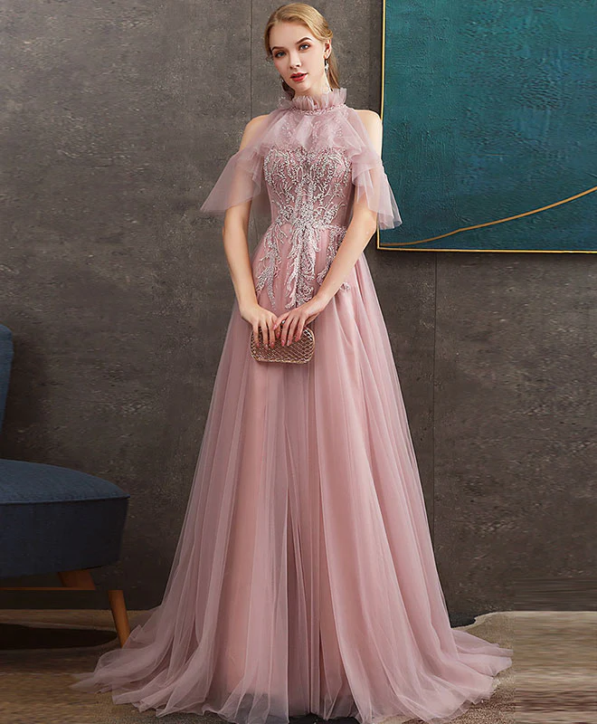 Pink Tulle Lace Long Prom Dress Pink Tulle Formal Graduation Dress with Beading - Deanwangkt