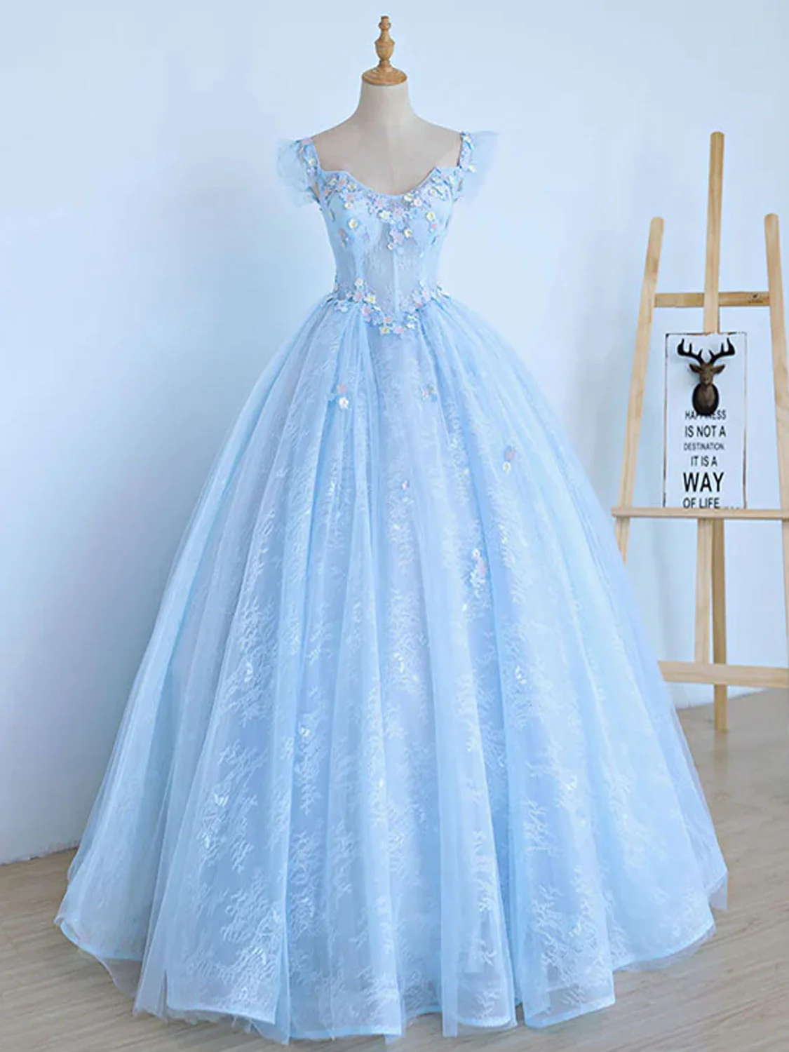 Blue A-Line Tulle Lace Long Prom Dresses, Blue Lace Formal Evening Dresses - Deanwangkt