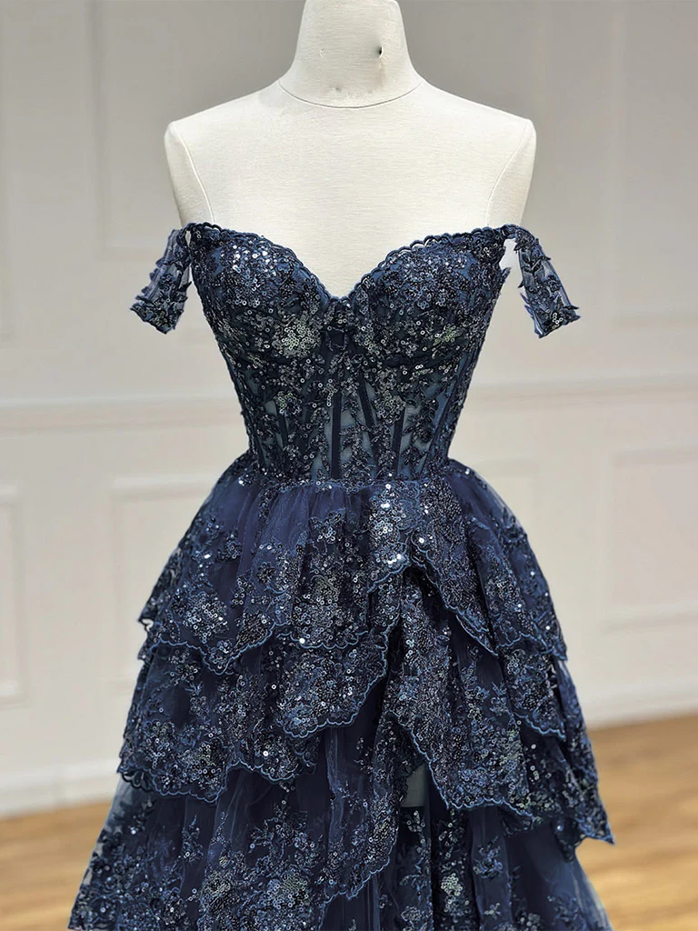 A-Line Tulle Sequin Dark Blue Long Prom Dress, Dark Blue Sequin Long Formal Dress - Deanwangkt