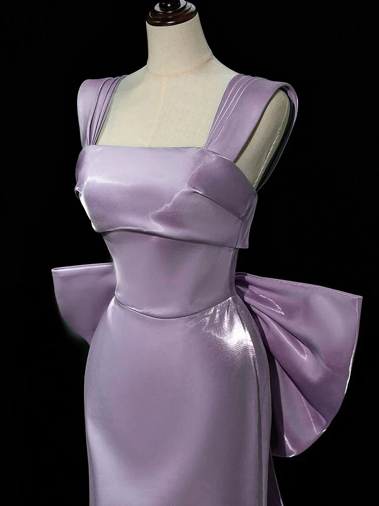 Simple Satin Purple Long Prom Dress, Purple Long Formal Dress with bow tie - Deanwangkt