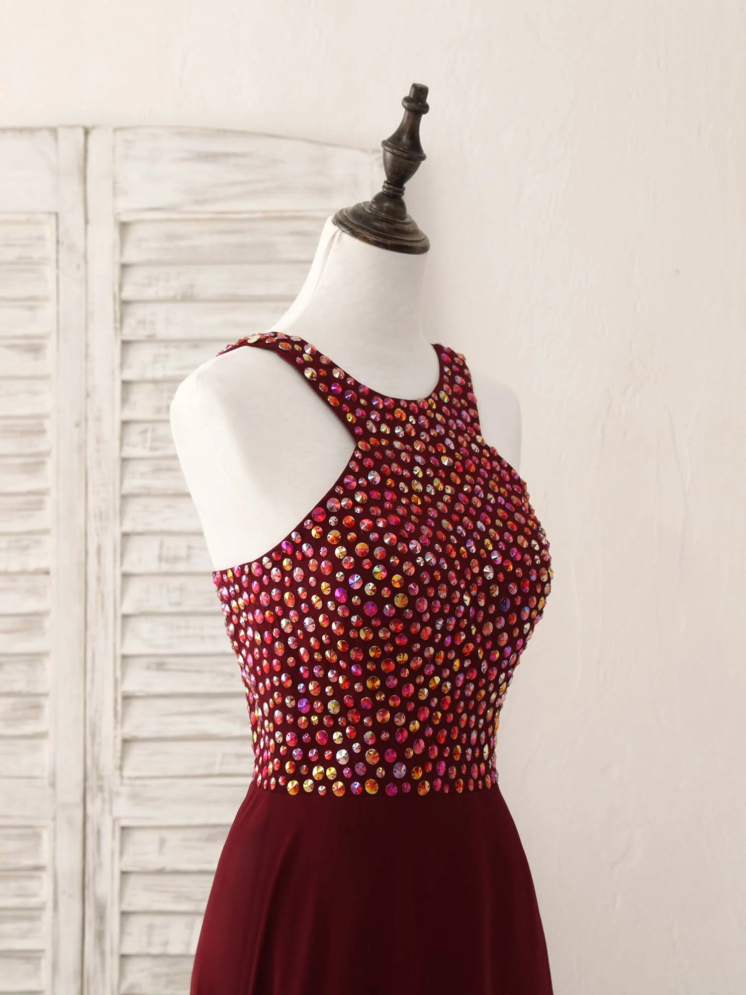 Burgundy Round Neck Chiffon Beads Long Prom Dress - Deanwangkt