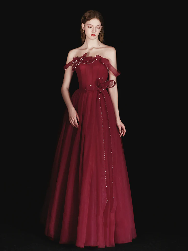 A-Line Tulle Beads Burgundy Long Prom Dress, Burgundy Long Evening Dress - Deanwangkt