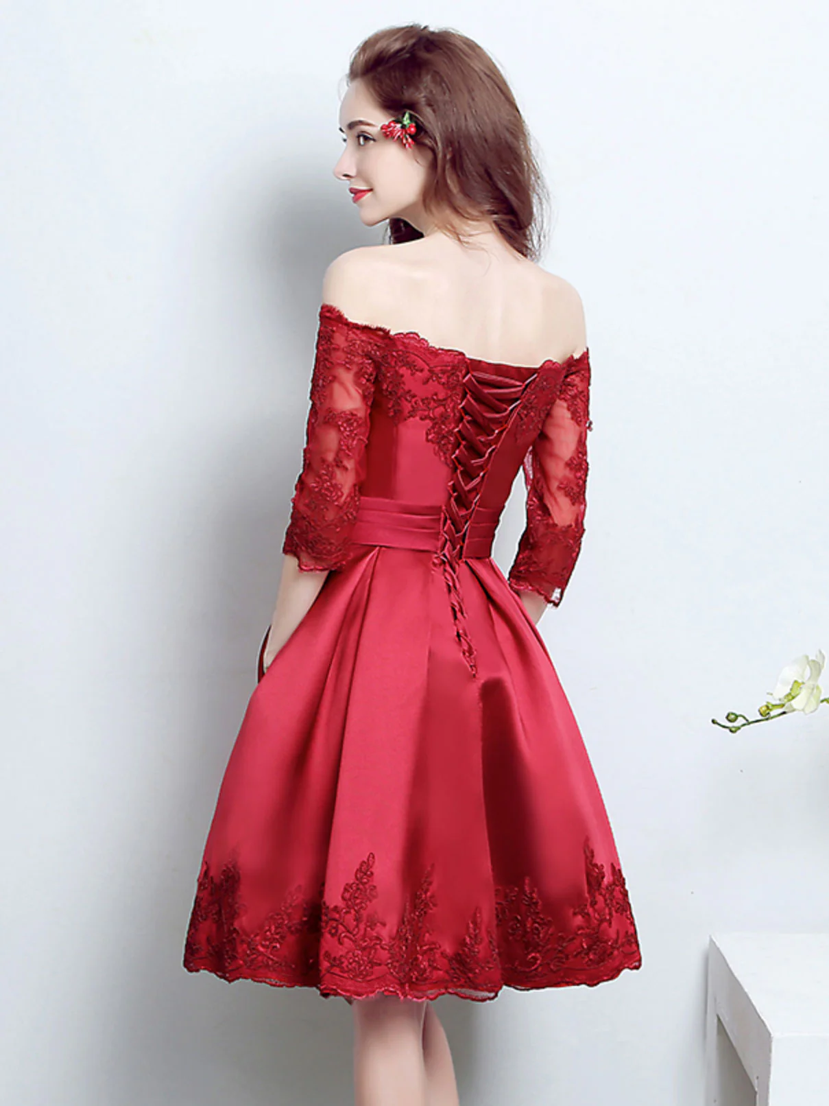 Burgundy Lace Satin Short Prom Dress, Burgundy Bridesmaid Dress - Deanwangkt