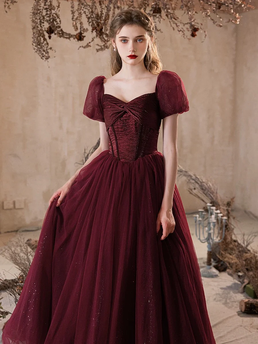 A-Line Puff Sleeves Tulle Burgundy Long Prom Dress, Burgundy Long Formal Dress - Deanwangkt