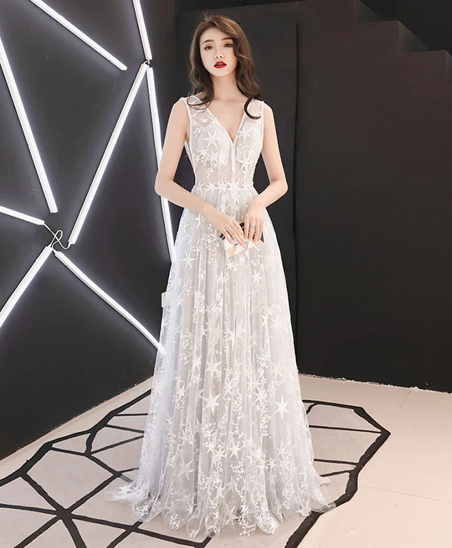 Gray Tulle Lace Long Prom Dress, Gray Lace Evening Dress - Deanwangkt