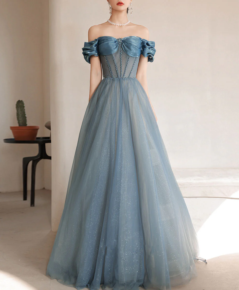 Blue Sweetheart Off Shoulder Tulle Long Prom Dress Blue Formal Dress - Deanwangkt