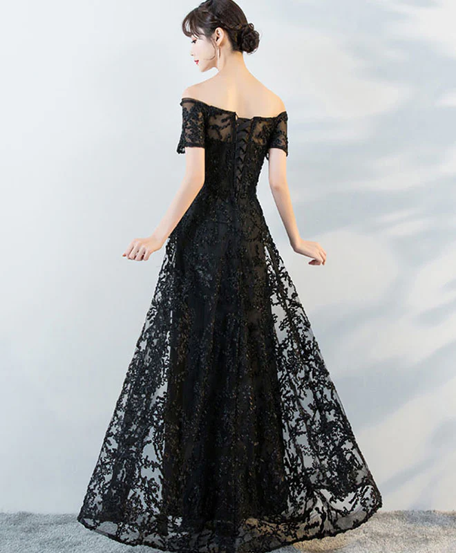 Black Tulle Lace Long Prom Dress, Black Lace Evening Dress - Deanwangkt