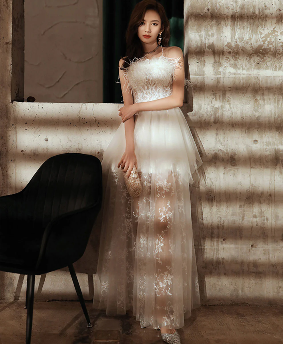 White Sweetheart Dress Tulle Lace Long Prom Dress Evening Dress - Deanwangkt