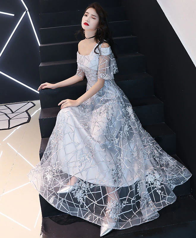 Gray Tulle Lace One Shoulder Long Prom Dress Lace Evening Dress - Deanwangkt