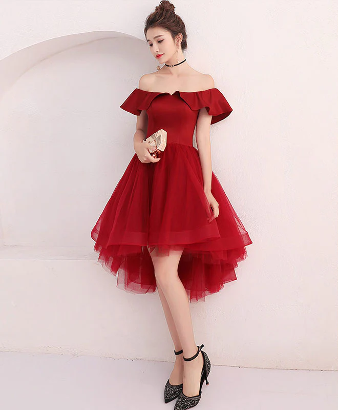 Cute Burgundy Tulle Off Shoulder Short Prom Dress, Burgundy Homecoming Dress - Deanwangkt
