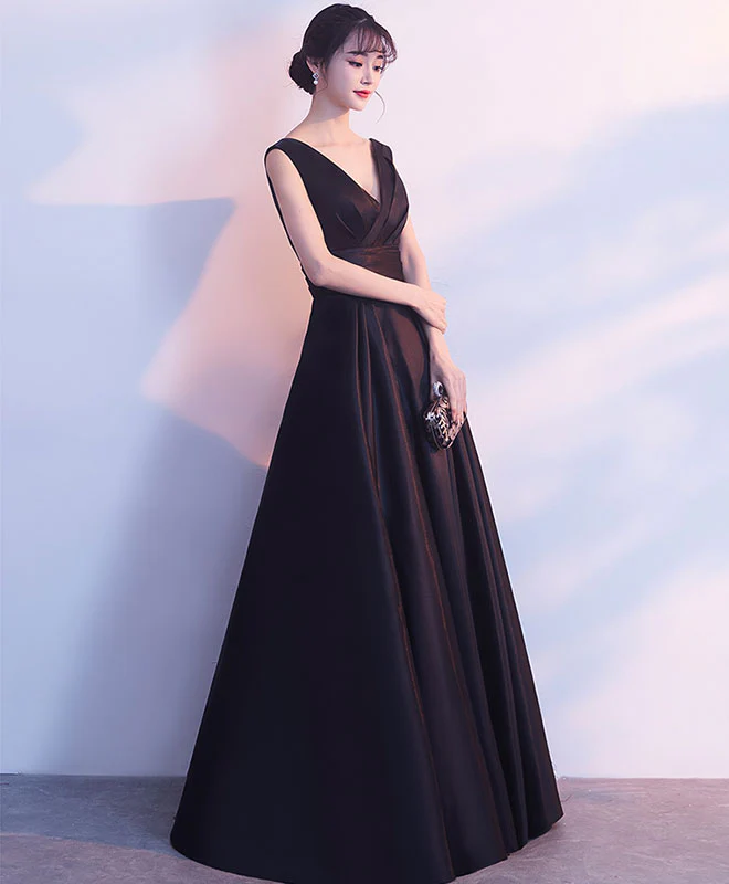 Simple Black V Neck Satin Long Prom Dress, Black Bridesmaid Dress - Deanwangkt