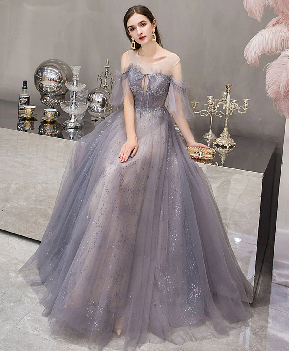 Blue Round Neck Tulle Sequin Long Prom Dress, Blue Evening Dress - Deanwangkt