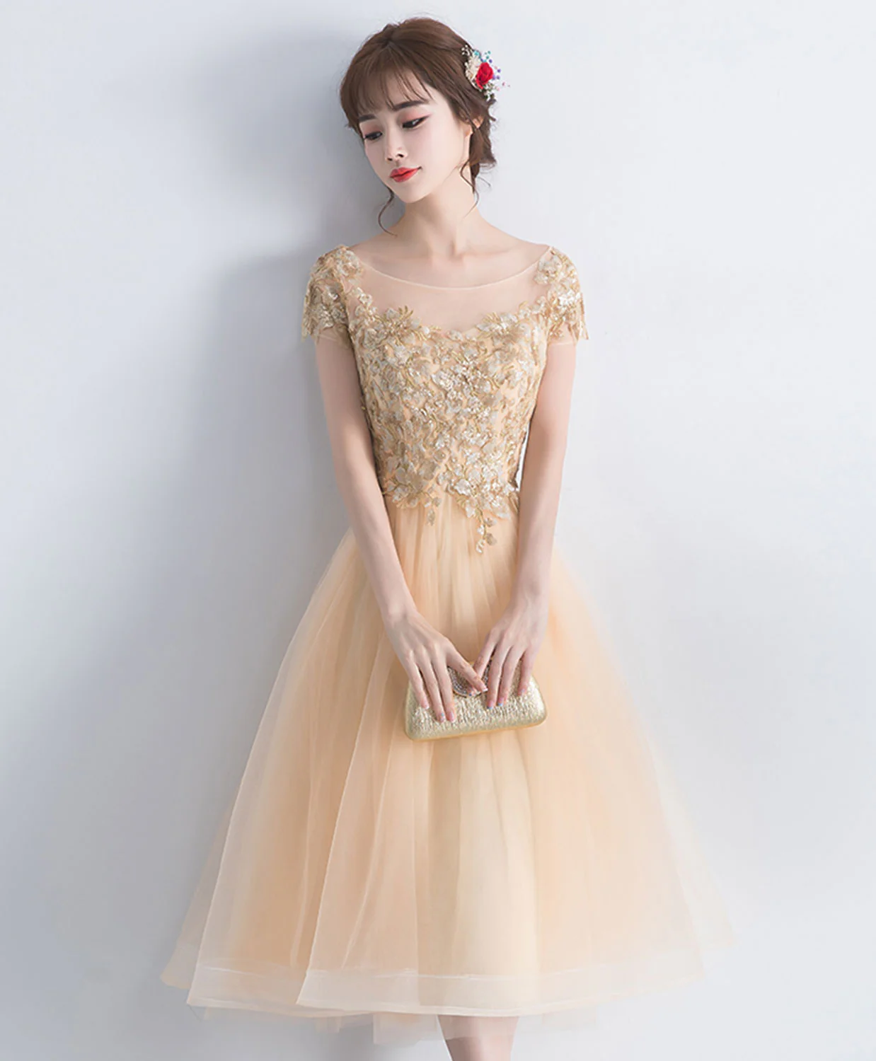 Champagne Lace Short Prom Dress, Champagne Cute Homecoming Dress - Deanwangkt