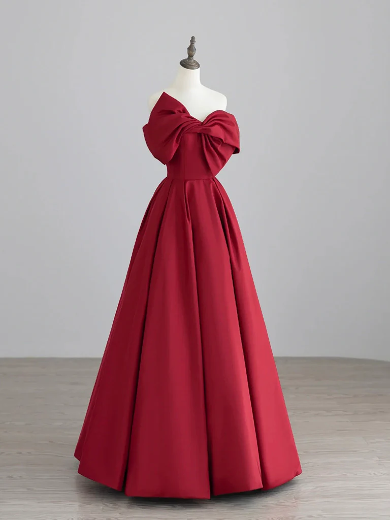 A-Line Satin Dark Red Long Prom Dress, Dark Red Long Formal Dress - Deanwangkt