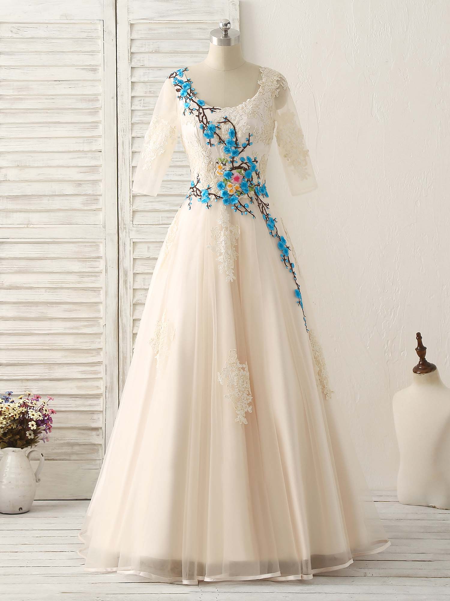 Unique Lace Applique Tulle Long Prom Dress Light Champagne Bridesmaid Dress - Deanwangkt