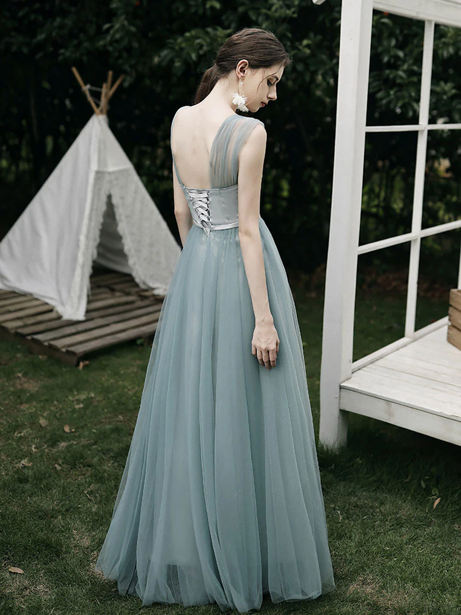 Simple A line Green Tulle Long Prom Dress, Green Tulle Bridesmaid Dresses - Deanwangkt