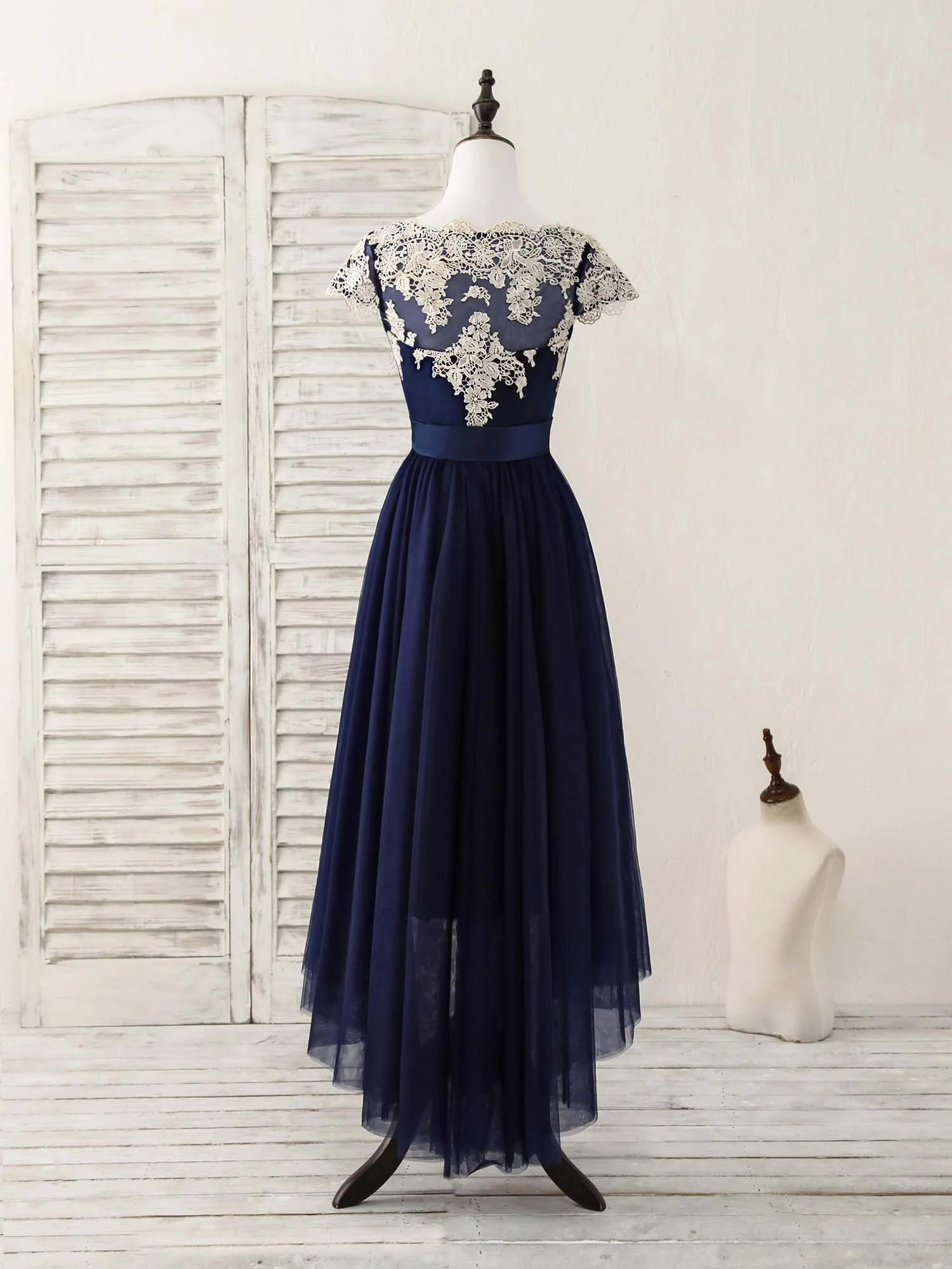 Dark Blue Tulle Lace Applique High Low Prom Dresses - Deanwangkt