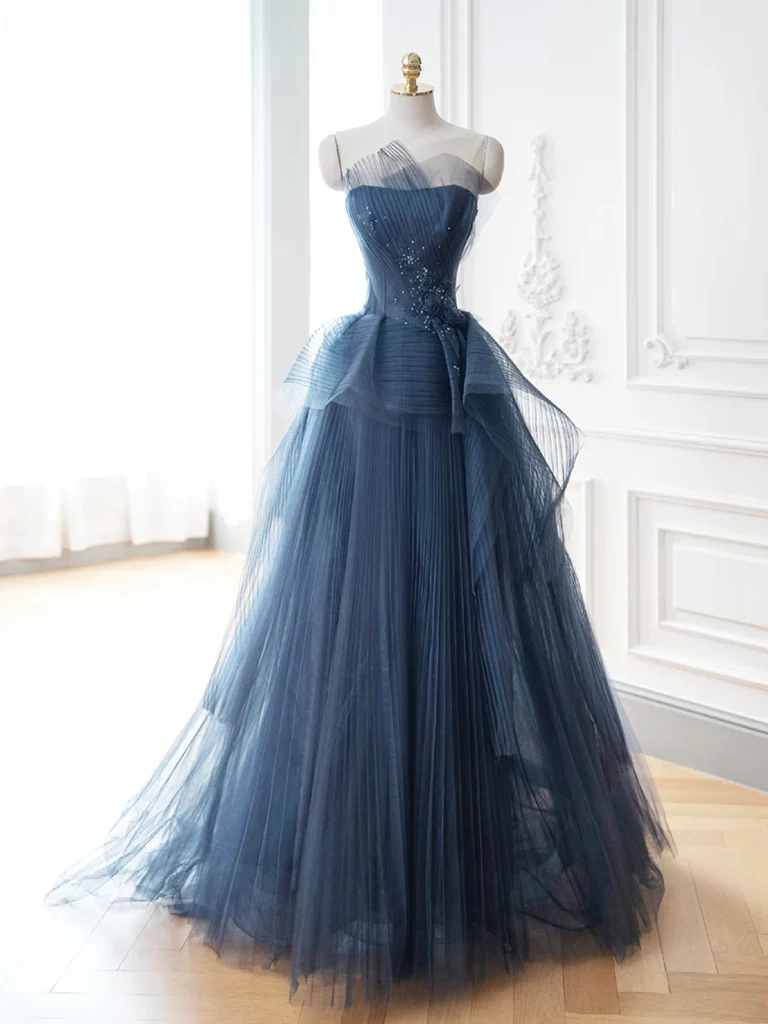 A- Line Tulle Sequin Dark Blue Long Prom Dress, Dark Blue Long Evening Dress - Deanwangkt