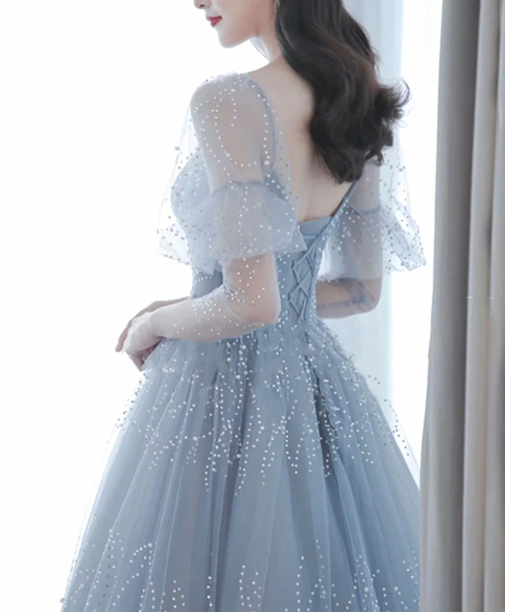 V Neck Tulle Sequin Blue Long Prom Dress, Blue Formal Graduation Dress - Deanwangkt
