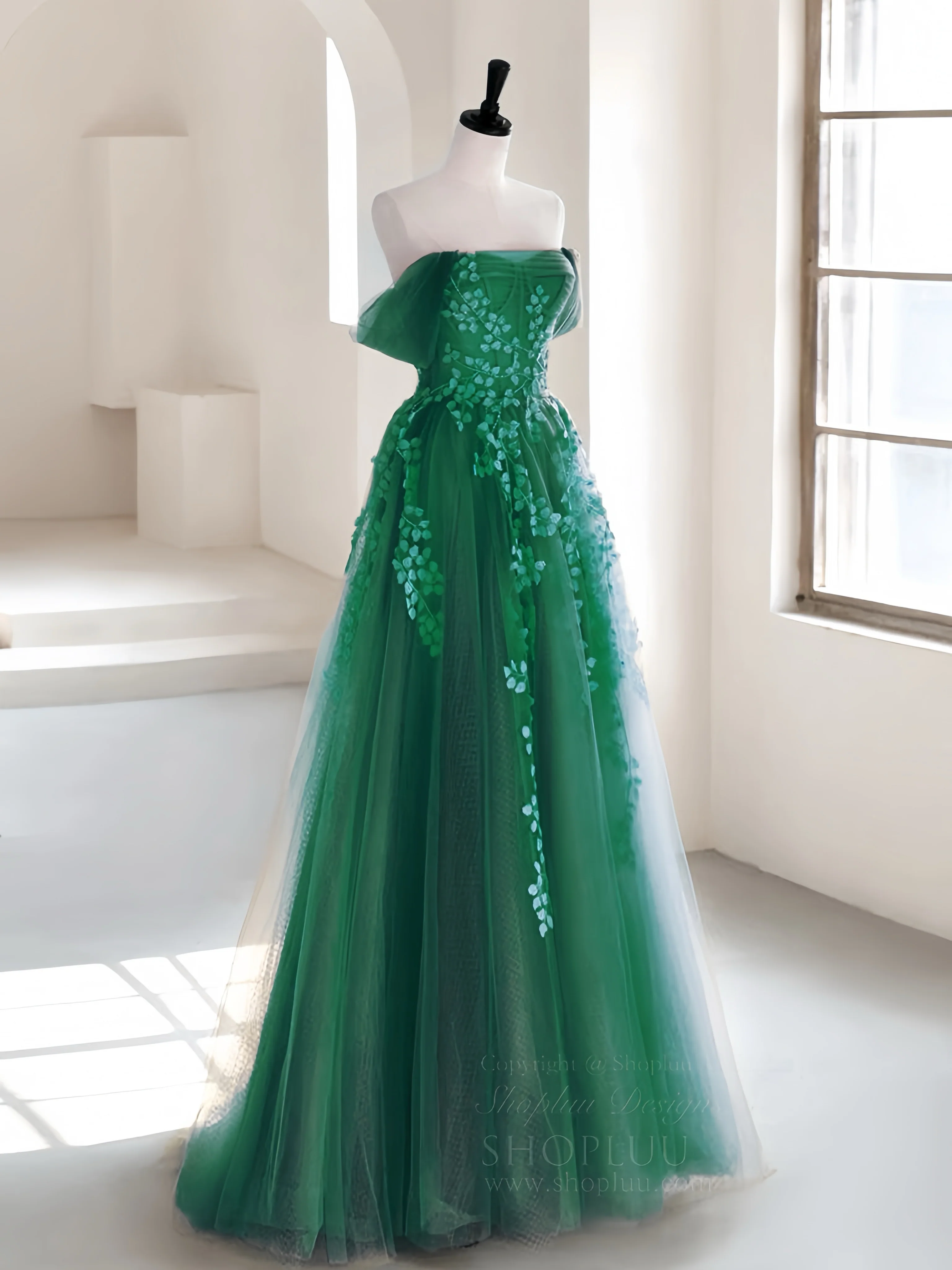 A-line Off Shoulder Emerald Green Tulle Long Prom Dress, Emerald Green Long Formal Dress - Deanwangkt