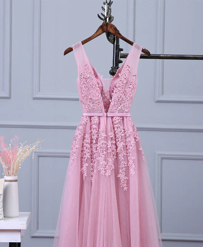 Pink V Neck Lace Tulle Long Prom Dress, Lace Evening Dresses - Deanwangkt