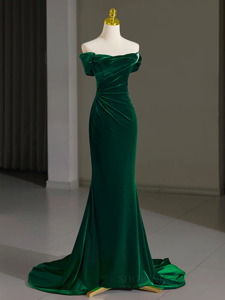 Mermaid Velvet Green Long Prom Dress, Green Long Evening Dress - Deanwangkt