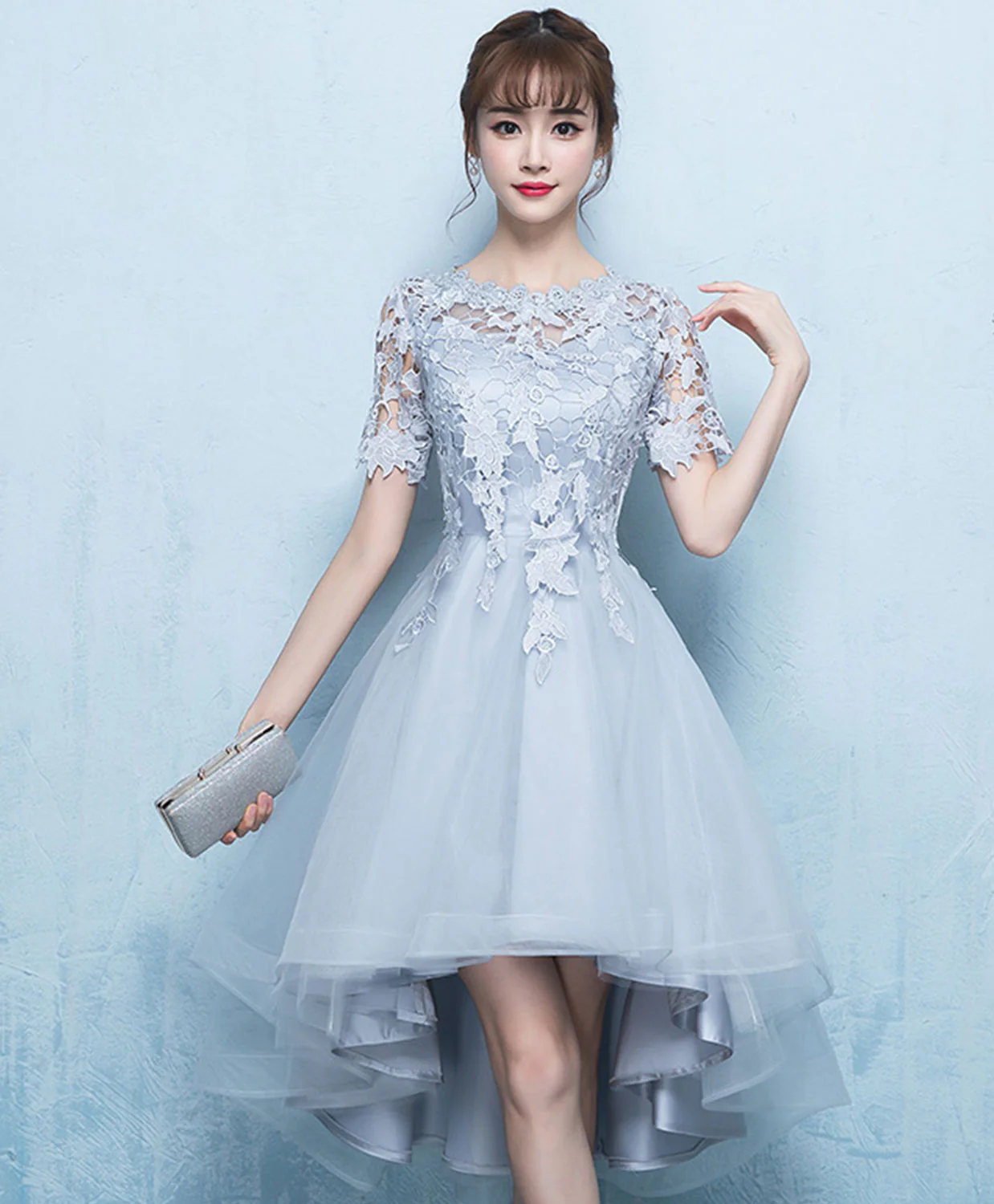 Gray Tulle Lace Applique Prom Dress, Gray Evening Dress - Deanwangkt
