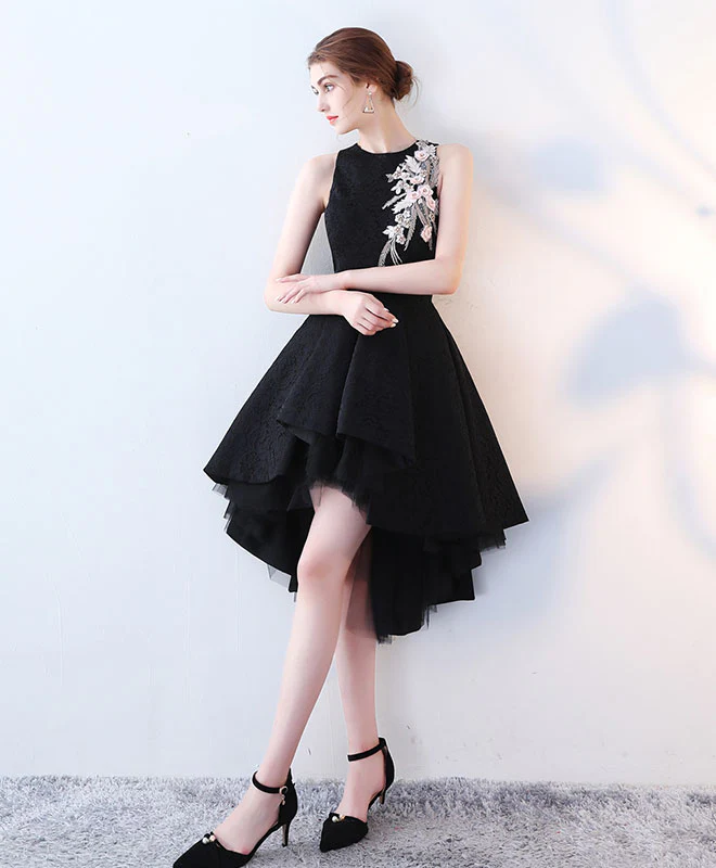 Cute Black High Low Prom Dress, Short Evening Dress - Deanwangkt