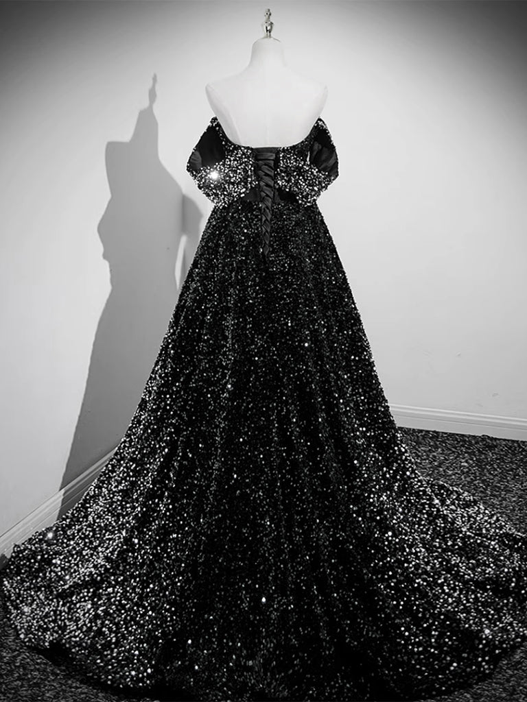 A-Line Velvet Sequin Long Black Prom Dress, Black Long Evening Dress - Deanwangkt