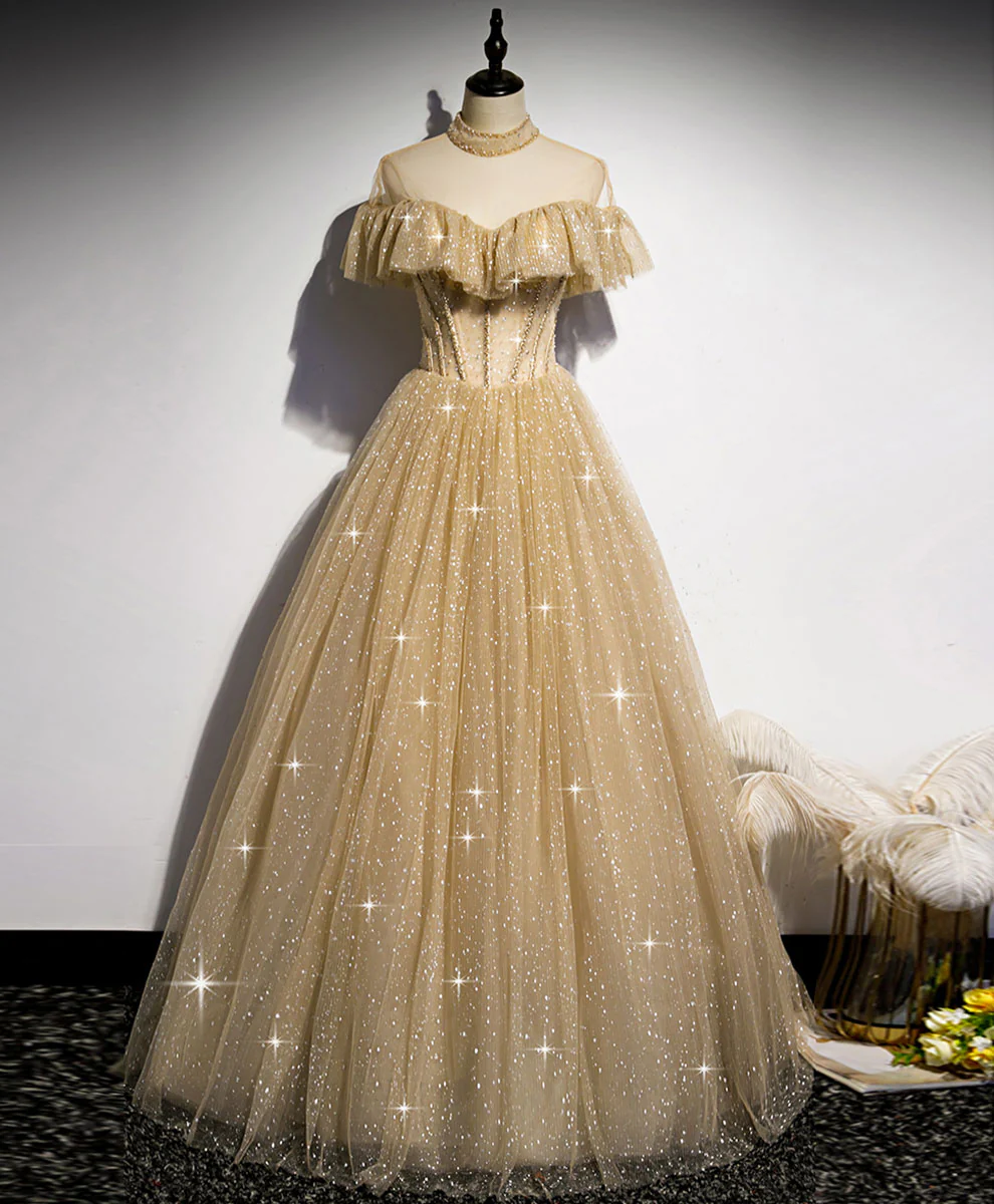 Champagne Long Prom Dress, Aline Champagne Graduation Dress with Beading - Deanwangkt