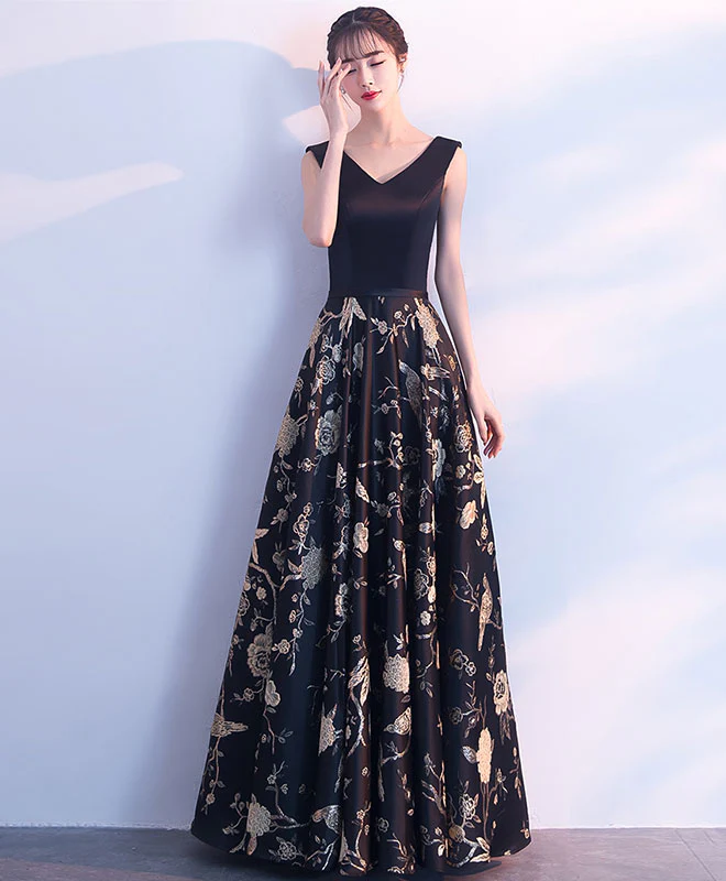 Black V Neck Floral Pattern Long Prom Dress, Evening Dress - Deanwangkt
